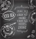 Chalk iced tea menu design concept on a chalkboad, art hand drawn illustration with tea cups and assorted pastry