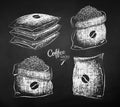 Chalk illustrations of sacks with coffee beans Royalty Free Stock Photo