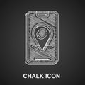 Chalk Infographic of city map navigation icon isolated on black background. Mobile App Interface concept design
