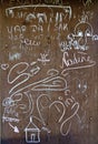 Chalk inscriptions and drawings on a rusty iron wall
