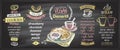 Chalk menu board designs set with sweets and hot drinks