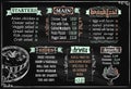 Chalk menu board, vector sketch chalkboard template for cafe or restaurant with starters and main dishes