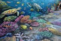 Chalk Mural painting drawing of Underwater Coral Reef with fish, sea turtles, and corals
