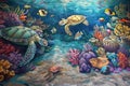 Chalk Mural painting drawing of Underwater Coral Reef with fish, sea turtles, and coral formations