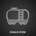 Chalk Oil railway cistern icon isolated on black background. Train oil tank on railway car. Rail freight. Oil industry
