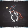 Chalk painted colored illustration with flying snowman, star and frost. Happy New Year Theme.