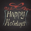 Chalk painted colored illustration of gift box, text 'happy holidays'. Happy New Year theme.