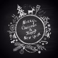 Chalk painted illustration with Christmas ball, ''Merry Christmas & Happy New Year'' text and set of different holiday elements.