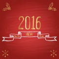 Chalk painted illustration with 2016, ''happy new year'' text, ribbon and crossed arrows on red chalkboard.