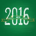 Chalk painted illustration with 2016, ''happy new year'' text, ribbon on green chalkboard.