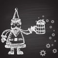 Chalk painted illustration of Santa with full mug of beer with snowflakes. Happy New Year theme.