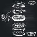 Chalk painted illustration of vegan Beetroot burger ingredients. Burger menu theme.