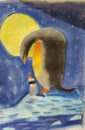 Chalk pastel art of a penguin talking to his cute chick