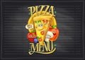 Chalk pizza menu list with cartoon personages - pizza slice and vegetables