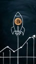 Chalk rocket with Bitcoin coin on blackboard, ascending with background line graph