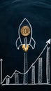 Chalk rocket with Bitcoin coin on blackboard, ascending with background line graph