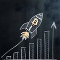 Chalk rocket with Bitcoin coin on blackboard, ascending with background line graph