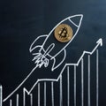 Chalk rocket with Bitcoin coin on blackboard, ascending with background line graph