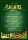 Chalk salads menu display on a green board, hand drawn illustration with copy space