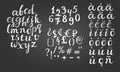 Chalk script font. Money signs, diactirics added.