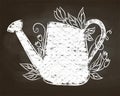 Chalk silhouette of vintage watering can with leaves and flowers .