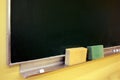Chalk And Sponges On The Tray Under An Old Green Chalkboard