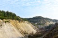 Chalk structure on artificial mountain after quarry mining. Technogenic rock formed during mine. Mountain hill with chalk fossil