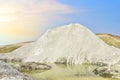 Chalk structure on artificial mountain after quarry mining. Technogenic rock formed during mine. Mountain hill with chalk fossil