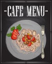 Chalk style cafe menu with vegetarian buckwheat pasta, gluten free diet dish, hand drawn graphic sketch