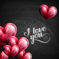 Chalk typographic illustration of handwritten I love you retro label. lettering on the blackboard with flying heart balloons Royalty Free Stock Photo