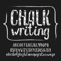 Chalk writing alphabet font. Hand drawn uppercase and lowercase letters, numbers and symbols. Royalty Free Stock Photo