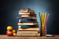 Chalkboard adorned with a stack of books, a scholarly ambiance