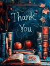 A chalkboard background with the words "Thank You" written in chalk, surrounded by drawings of books, apples, and