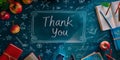 A chalkboard background with the words "Thank You" written in chalk, surrounded by drawings of books, apples, and