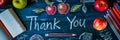 A chalkboard background with the words "Thank You" written in chalk, surrounded by drawings of books, apples, and