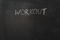 Chalkboard background and workout text. Black blackboard frame with copy space