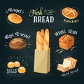 Chalkboard bakery ADs set: bagel, bread, rye bread, ciabatta, wheat bread, whole grain bread, sliced bread, french baguette