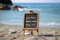 Chalkboard on the beach with German text \