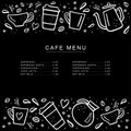 Chalkboard cafe menu with coffee cups and coffee pods in doodle style. Handdrawn vector illustration. Royalty Free Stock Photo