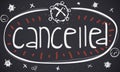 Chalkboard with Doodles with Cancelled Message due COVID-19 Outbreak, Vector Illustration Royalty Free Stock Photo