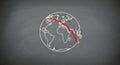 Chalkboard drawing of Earth with a red line representing a global flight path or route across continents Royalty Free Stock Photo