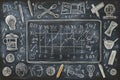 Chalkboard drawing of math graph and various objects,, realistic photography background