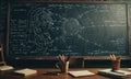 A chalkboard with a drawing of a solar system is in the background. Royalty Free Stock Photo