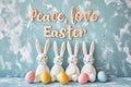Chalkboard Easter Cheer: Peace, love, Easter Lettering with Decorative Bunnies and Easter eggs Elements. Royalty Free Stock Photo