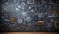 A chalkboard filled with formulas, equations, and diagrams