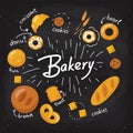 Vector chalkboard bakery food poster in flat style