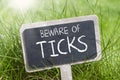 Chalkboard in fresh green grass with beware of ticks Royalty Free Stock Photo