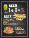 Chalkboard hand drawn menu with beer, burger and grilled fish