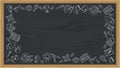 Chalkboard with Handdrawn chalk school supplies icon.