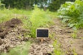 Black blank billboard against green field landscape. Empty mockup template. Blackboard label at dill farm land. Royalty Free Stock Photo